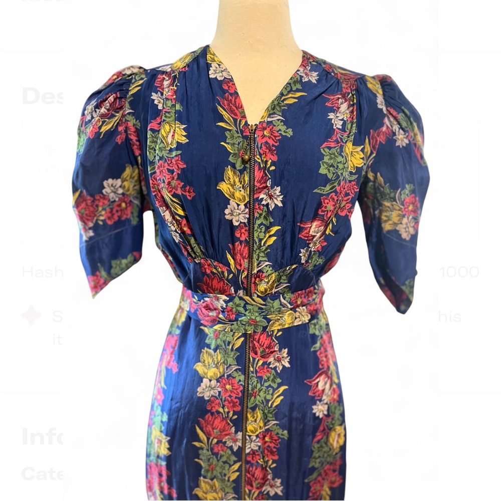 Elegant 1930s Blue Lilac Floral Dress Puff shoulders Full front Talon Zipper sm